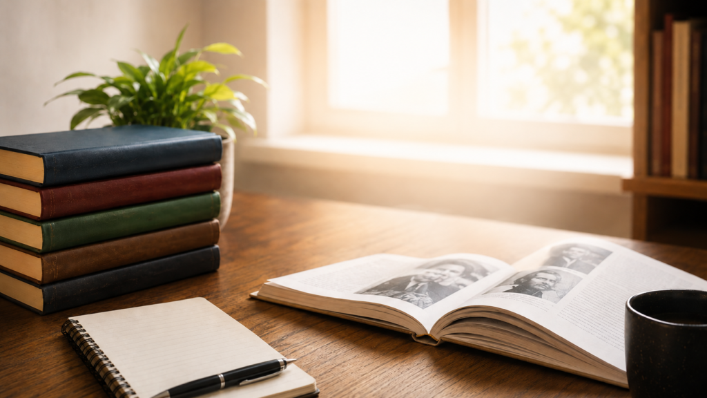 Open books and notebook representing celebrity biographies on a sunlit wooden desk